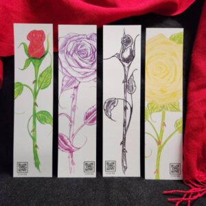 Four artistic bookmarks featuring rose illustrations in black, purple, red, and yellow tones, each with a unique design and a QR code at the bottom - The Road Ahead is a Better One Four artistic bookmarks featuring rose illustrations in black, purple, red, and yellow tones, each with a unique design and a QR code at the bottom - The Road Ahead is a Better One